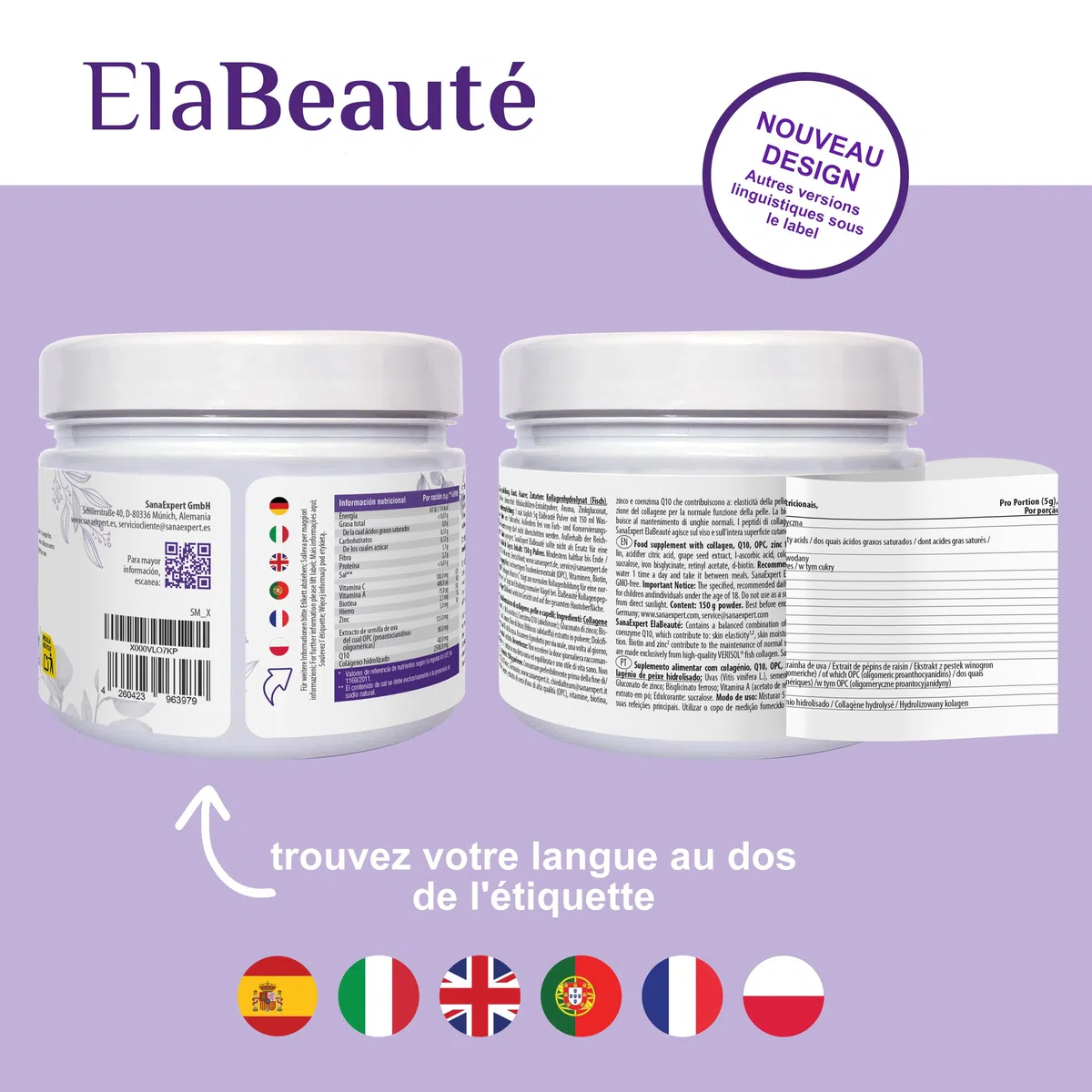 SanaExpert ElaBeauté | Collagène pour la Beauté de la Peau avec Q10, OPC, Biotine, Zinc et Vitamines | 150 Grammes | Ingrédients 100% Naturels | Fabriqué en Allemagne