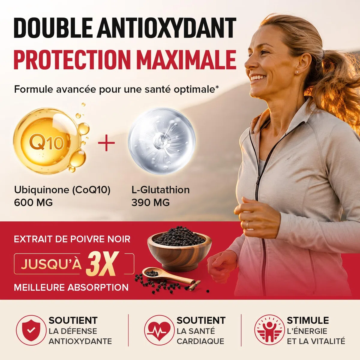 CoQ10 avec L-Glutathion 1000mg Gélules - 100% Coenzyme Q10 Fermentée, Q10 Coenzyme Hautement Dosée, Antioxydant Co Enzyme Q 10, Sans Soja, Sans Gluten,Végétalien