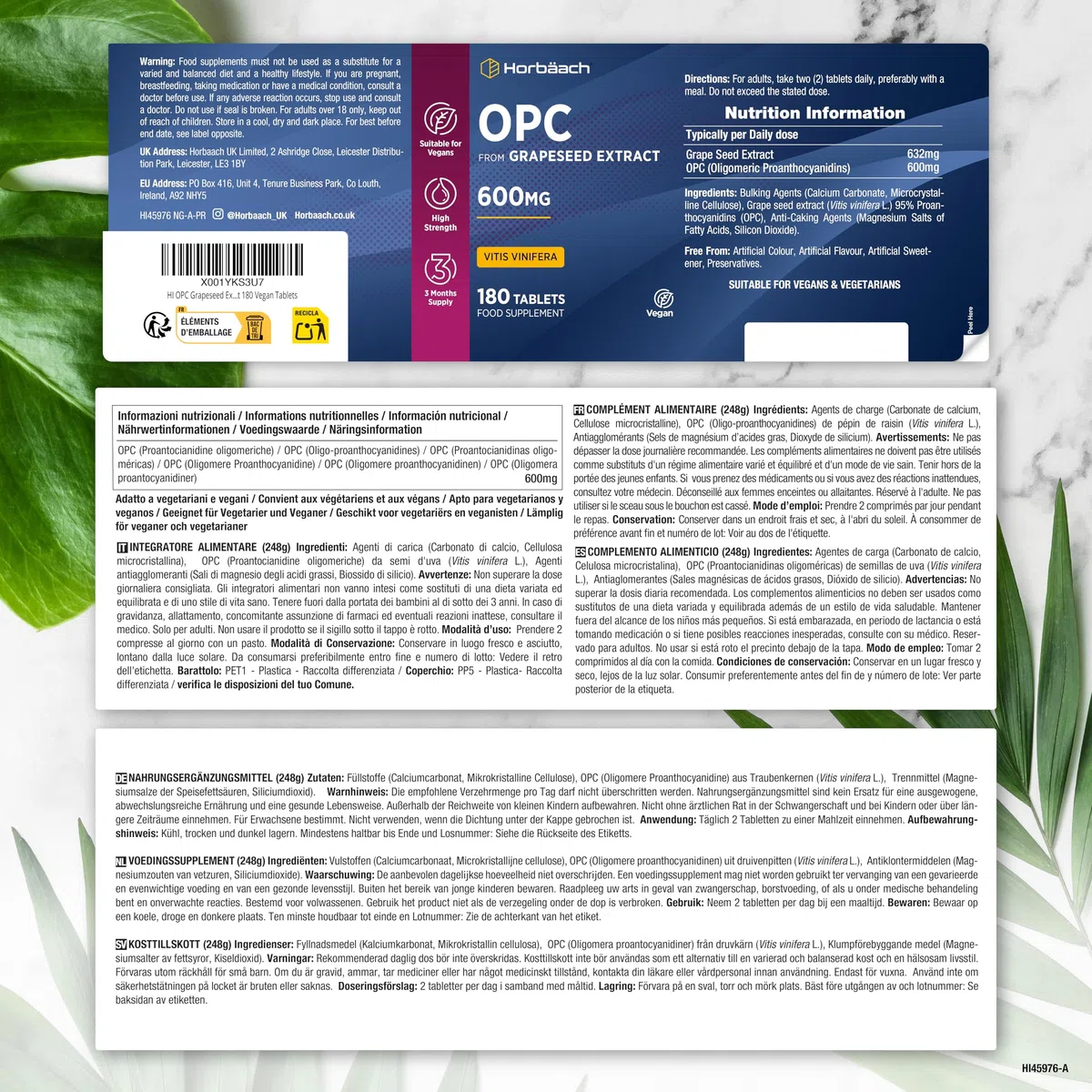 OPC Extrait de Pépins de Raisin | 180 Gélules Vegan | 95% OPC Raisin | Vitis Vinifera L. | Proanthocyanidines Oligomére Fortement Dosé | Grapeseed Extract | par Horbaach