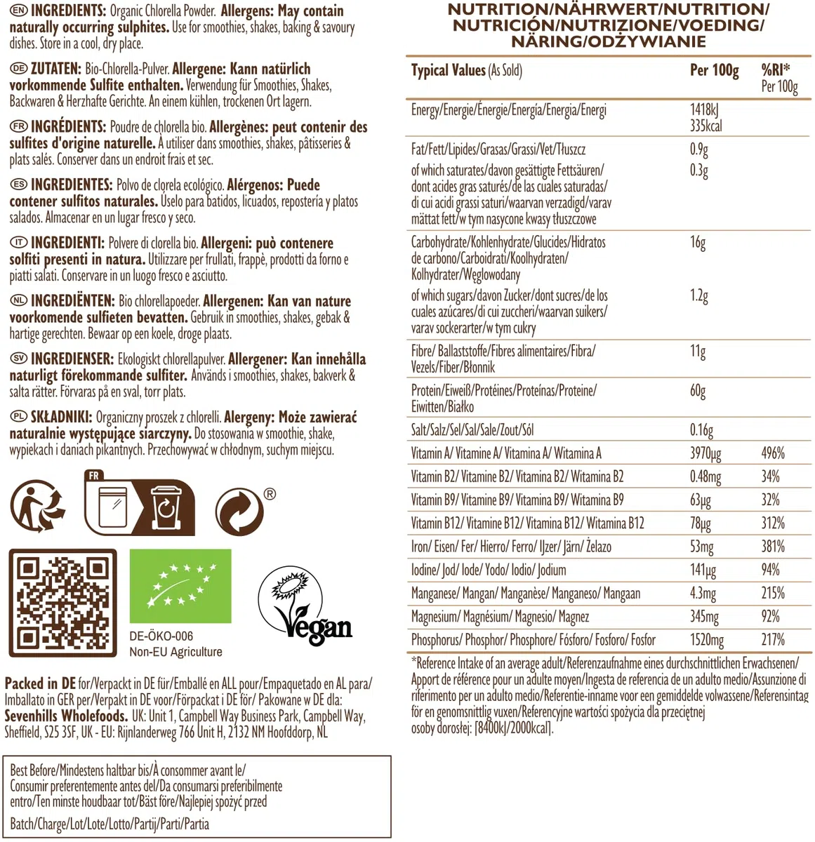 Sevenhills Wholefoods Poudre De Chlorella Bio 500g