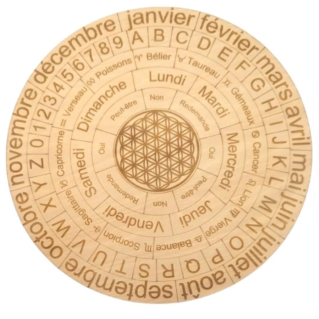 Planche multifonction pour pendule divinatoire 20cm | Idéale pour vos séances de radiesthésie | Écrite en français avec mois, jours, lettres, chiffres, signes astrologiques, OUI/NON, Fleur de Vie