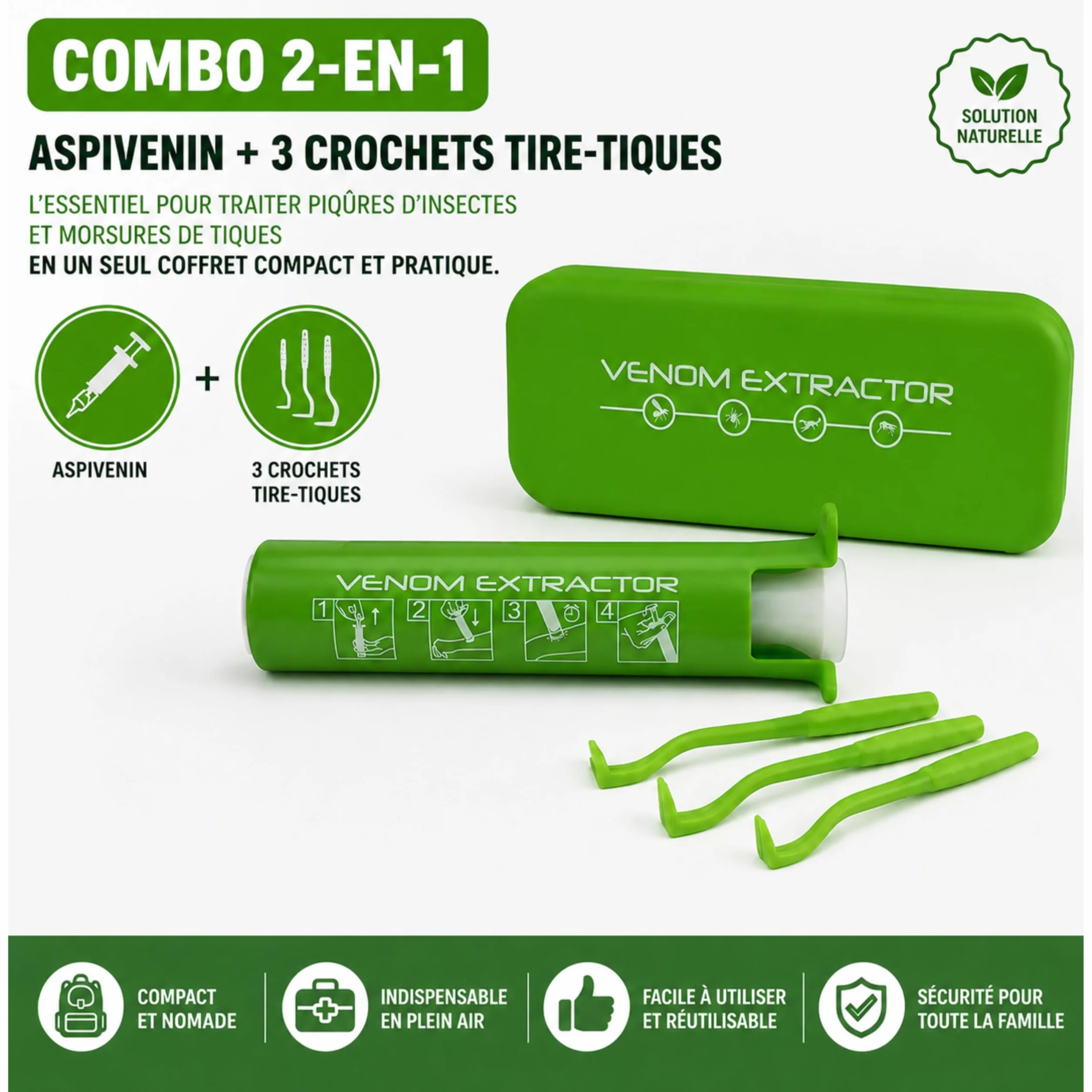 Kit 2 en 1 - Combo | Aspivenin + Tire Tique dans Un Seul Coffret | Extracteur de Venin | Crochet pour Enlever Les Tiques |