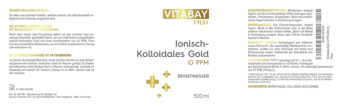 Vitabay Or Colloïdal 10 PPM 500 ml à Haut Dosage dans un Flacon en Verre Ambré - Diluer 2 g Dans l'Eau Par Jour - Or Colloïdal Pur à 99.99% Sans Additifs - Produit Adapté Pour le Corps et le Visage