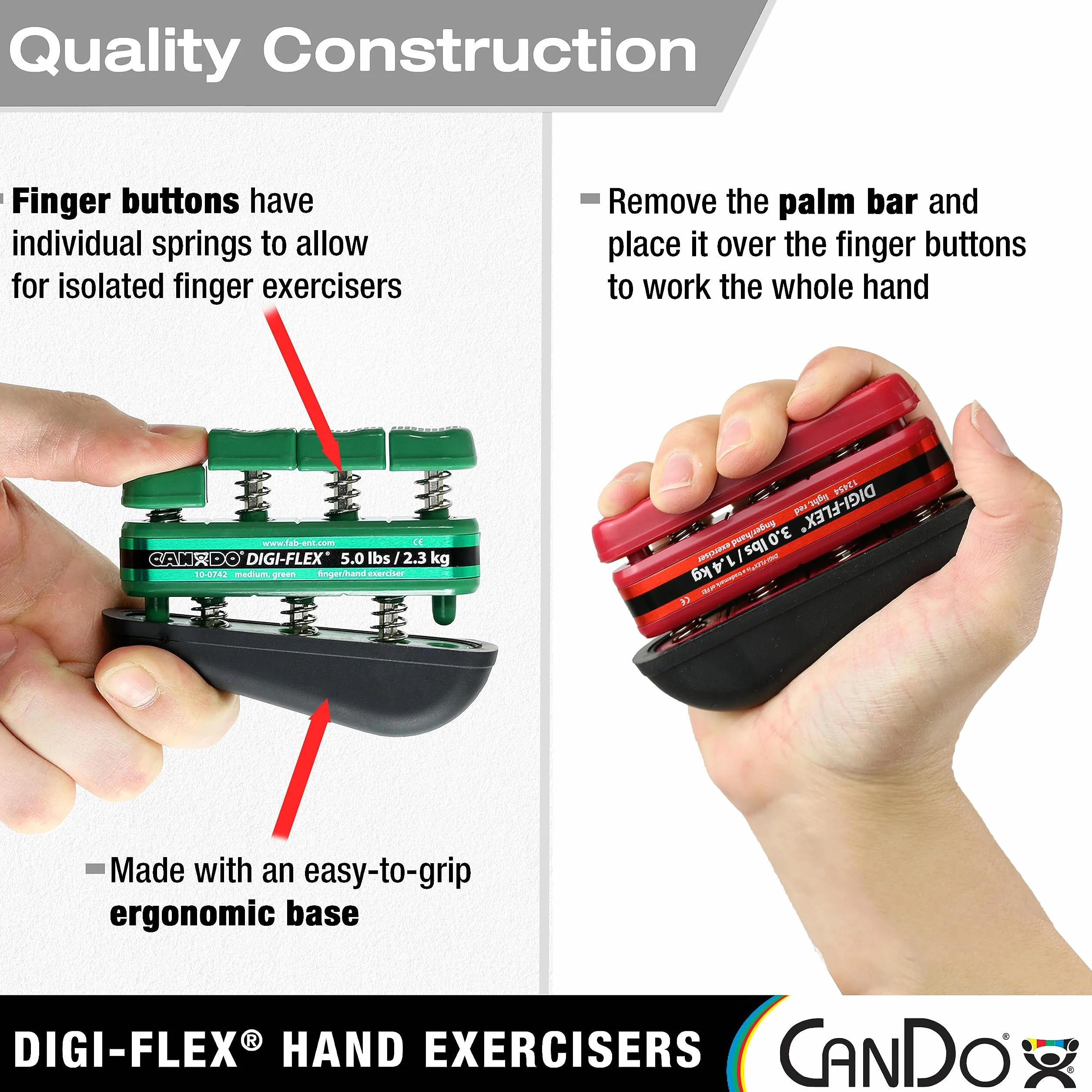 CanDo Digi-Flex Exercisateur de Main, Jaune Résistance Extra Légère, Renforcement des Doigts et de la Main, Résistance de 0,7 kg pour les Doigts / 2,3 kg pour la Main