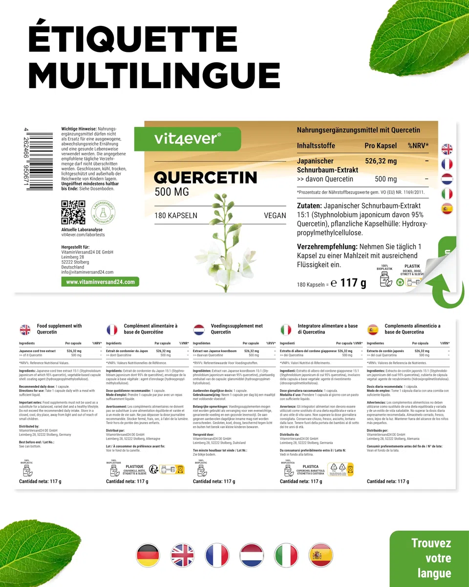 Quercétine - 500 mg - 180 Gélules - 6 Mois d'Approvisionnement - Premium : Extrait Naturel de Fleurs de Chêne à 15:1 avec 95% de Quercétine - Hautement Dosé - Végétalien