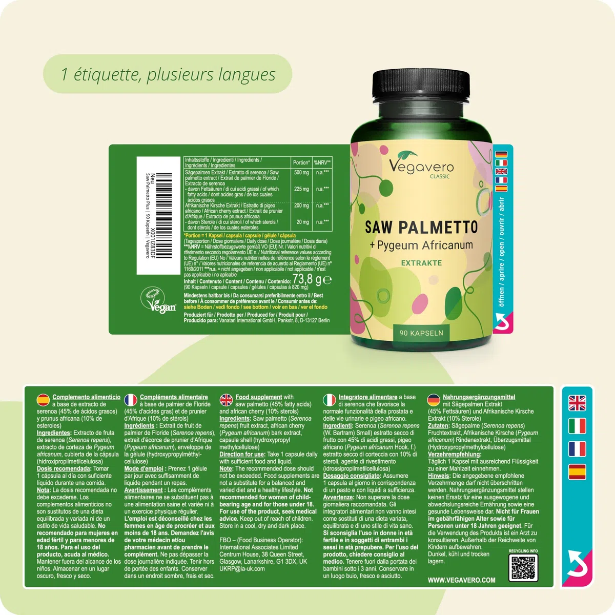 Saw Palmetto 10000 mg | Avec Pygeum Africanum | Extraits Fortement Dosé | 45% Acides Gras & 10% Stérols | Prostate & Confort Urinaire Homme | VEGAN & Sans Additifs | 90 Gélules | Vegavero®