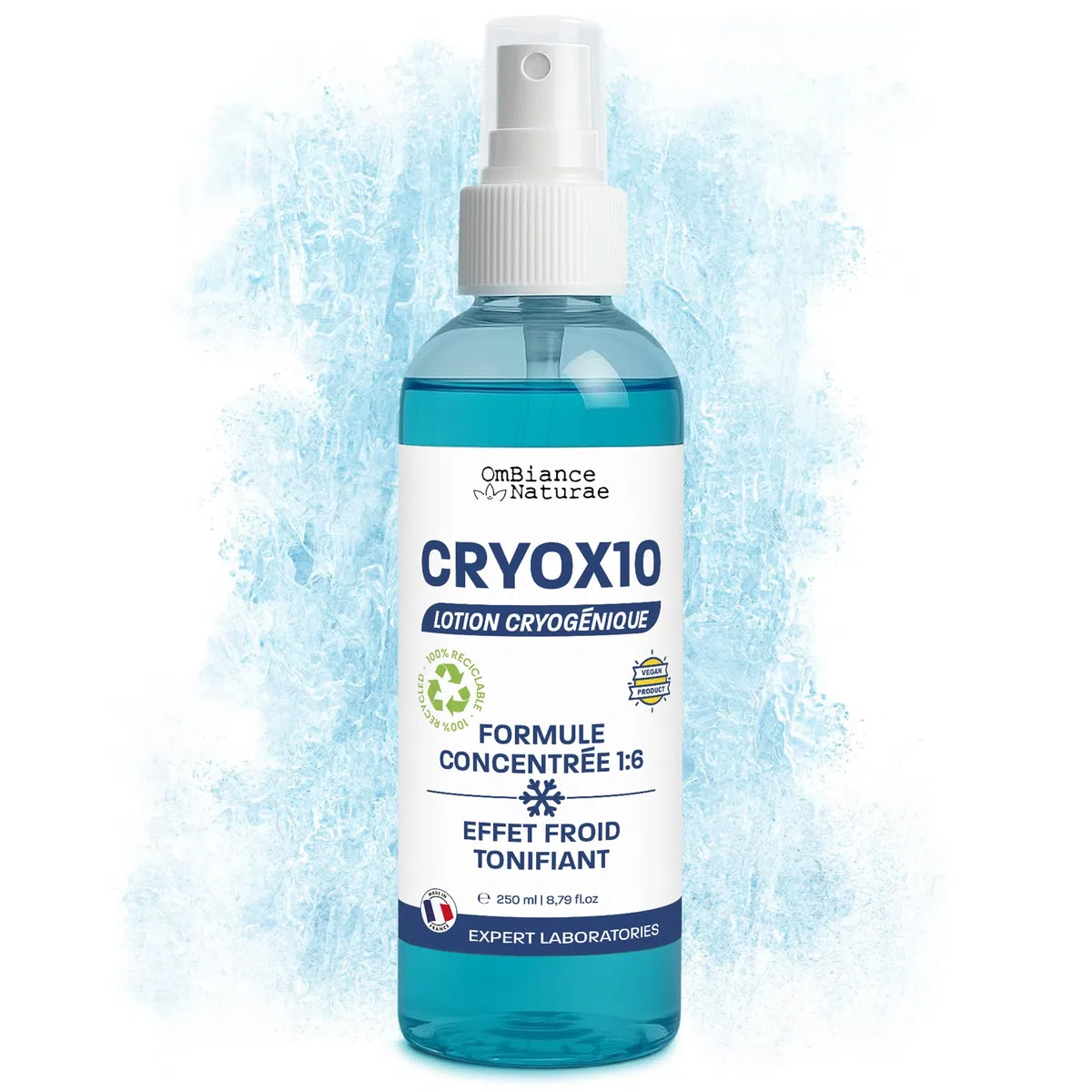 CRYOX10 Lotion Cryogénique Concentrée 1:6 – Cryothérapie Pro et à Domicile | Effet Froid Immédiat, Anti-Cellulite, Draineur | Jambes Lourdes, Muscles Fatigués | En Spray, Gaze, Bande (250)