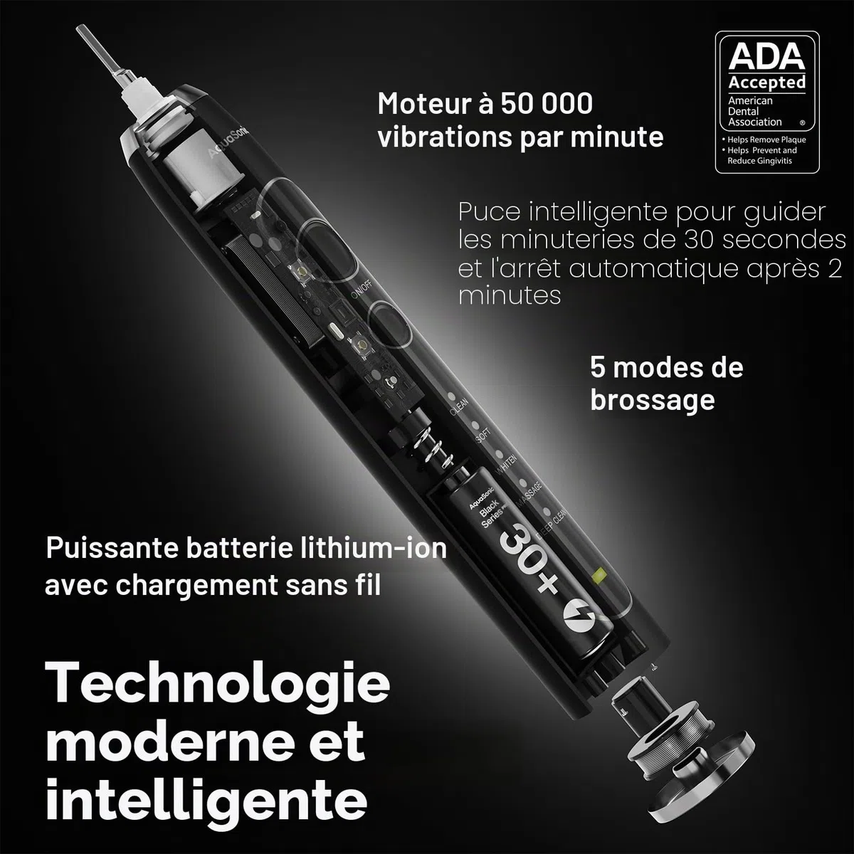 Aquasonic Black Series PRO – Brosse à dents électrique ultra-blanchissante – 5 modes et minuteurs intelligents – Étui de voyage premium et 6 têtes de brosse Proflex – Brosse à dents acceptée par ADA