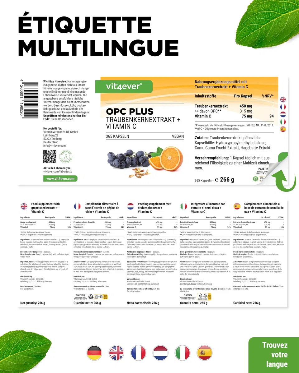 Extrait de Pépins de Raisin OPC + Vitamine C Naturelle - 365 capsules pour 12 Mois - Teneur en OPC la Plus Élevée selon HPLC - De Raisin - Vegan