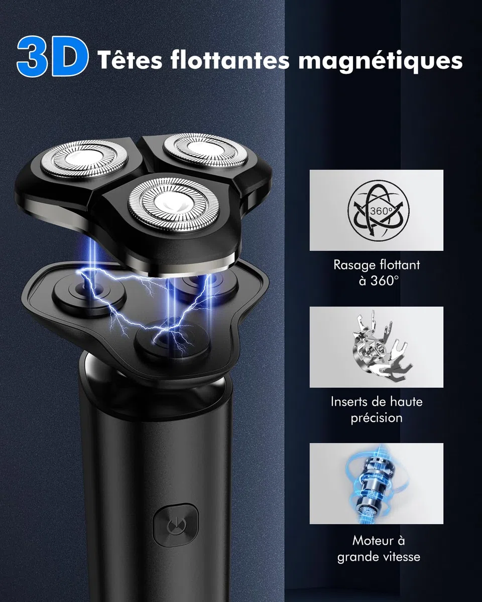Rasoir Électrique Homme 3 en 1, Rasoir Electrique Tondeuse Barbe Hommes avec Tondeuse de Précision pour Barbe et Nez, 3D Têtes Flottantes, IPX7 Étanche Rasage Sec et Humide, Écran LCD & USB-C