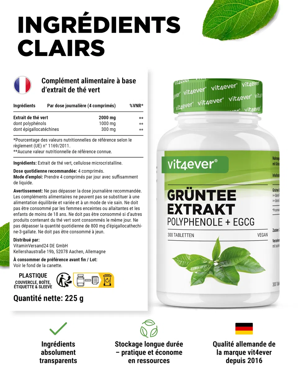 Extrait de Thé Vert 300 Comprimés - Hautement Dosé avec 2000 mg d’Extrait de Thé Vert, 300 mg d’EGCG et 1000 mg de Polyphénols par Dose journalière - Green Tea - Vegan - Sans additifs inutiles