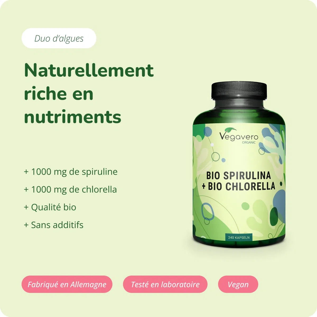 Spiruline + Chlorella BIO Vegavero® | Dose Élevée : 2000 mg | Detox + Antioxydant | GREEN SUPERFOOD 100% Naturel | Source de Vitamines, Minéraux, Protéines | VEGAN | 240 Gélules