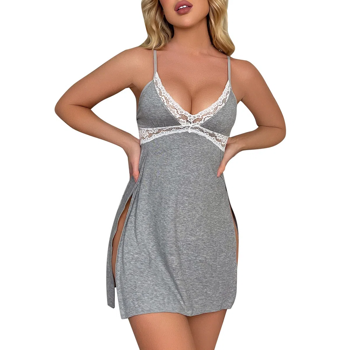 Générique Nuisette Femme Coton Dentelle Sexy Sensuelle Chemise De Nuit Col en V Bretelles reglables Légère Pyjama Femme Robe De Nuit Spaghetti Sangle Babydoll Lingerie Mini Robe D'été Cami Robe