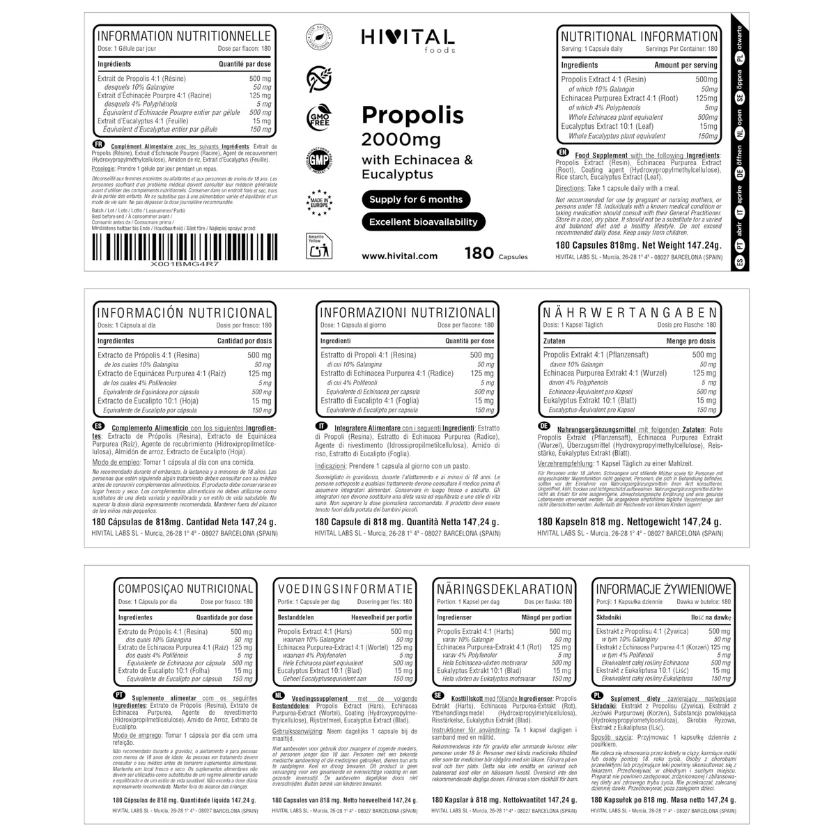 Propolis 2000 mg. 180 capsules pour 6 mois de traitement. Extraits de Propolis avec 10% de Galangine, d'Echinacée avec 4% de Polyphénols et d'Eucalyptus. Fabriqué en Europe par HIVITAL