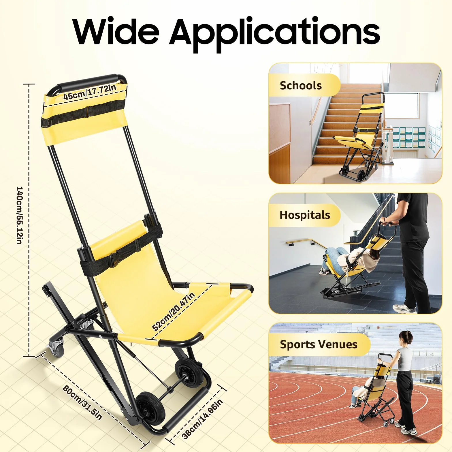 Chaise d'escalier pliable pour personnes âgées - Avec ceintures de sécurité - Pliable et léger - Châssis - Charge maximale : 159 kg - Pour adultes - Transport manuel - Chaise d'escalier (jaune)