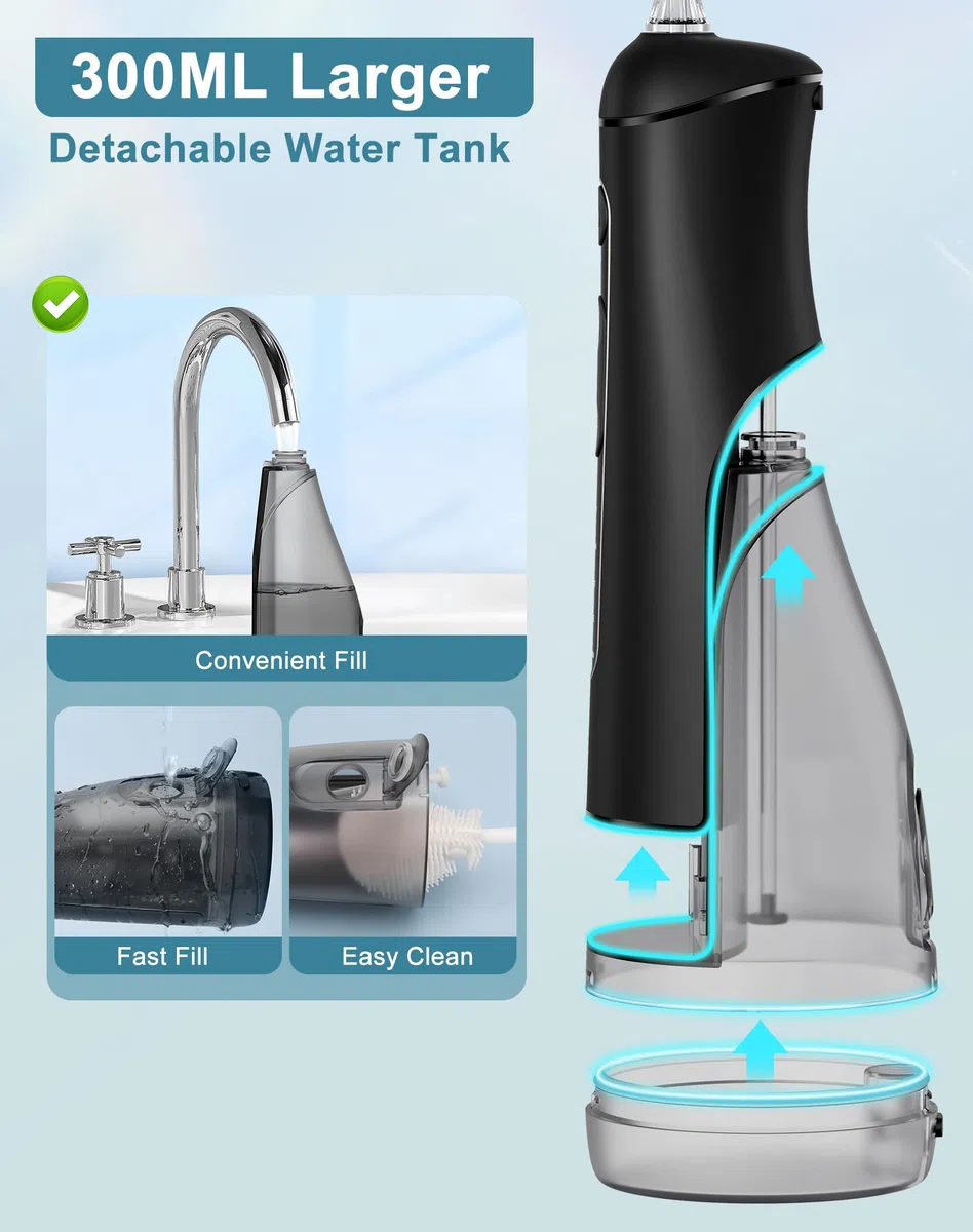 Jet Dentaire Hydropulseur Portable, Hydropulseurs et Irrigateurs 5 Modes 20 Niveaux & 3 Intensités, Réservoir 300ml à Fond Détachable, Irrigateur Sans Fil IPX7, Sans BPA, Silencieux