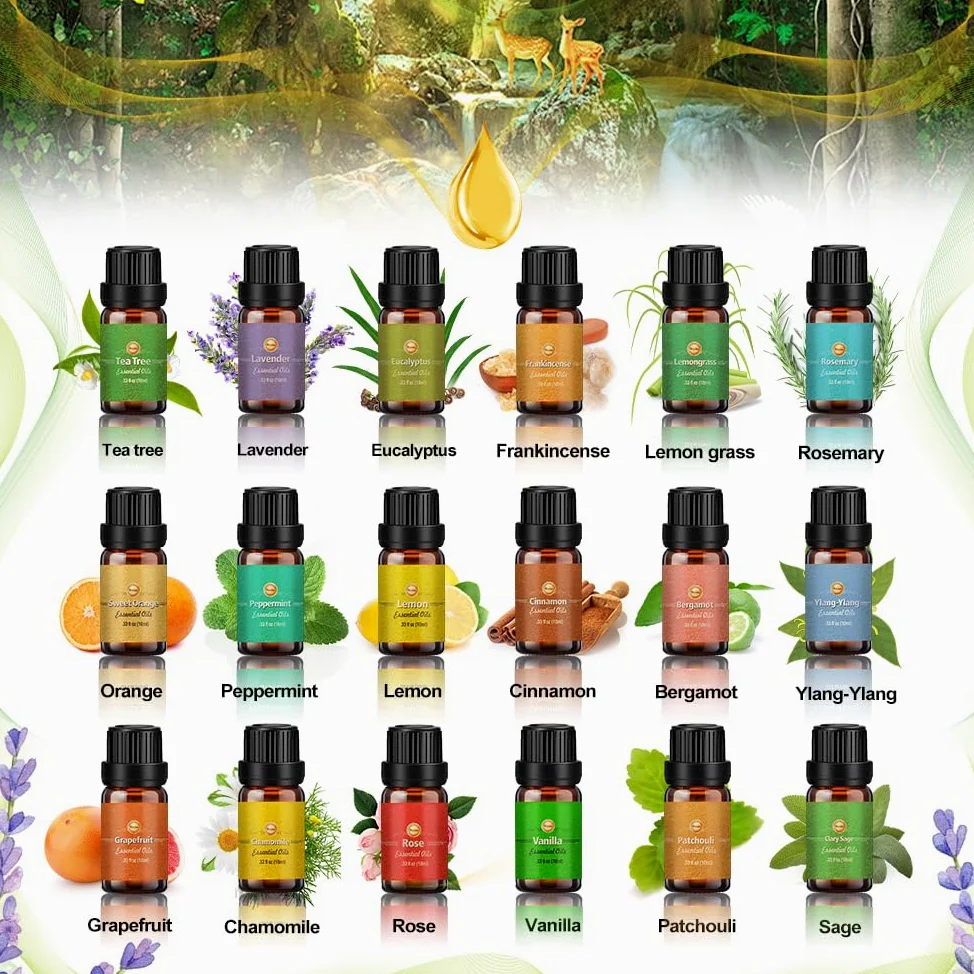 Huiles Essentielles 18 x 10 ml, Pour Diffuseur Arbre à thé Lavande Eucalyptus Encens Citronnelle Romarin Orange Menthe Citron Bergamote Ylang-ylang Camomille Rose Sauge etc.