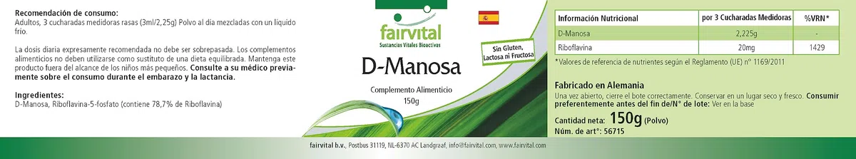 fairvital D-mannose 150 g de poudre, avec de la vitamine B2 (riboflavine), 100% pur et 100% végétalien, hautement dosé, qualité contrôlée, fabriqué en Allemagne