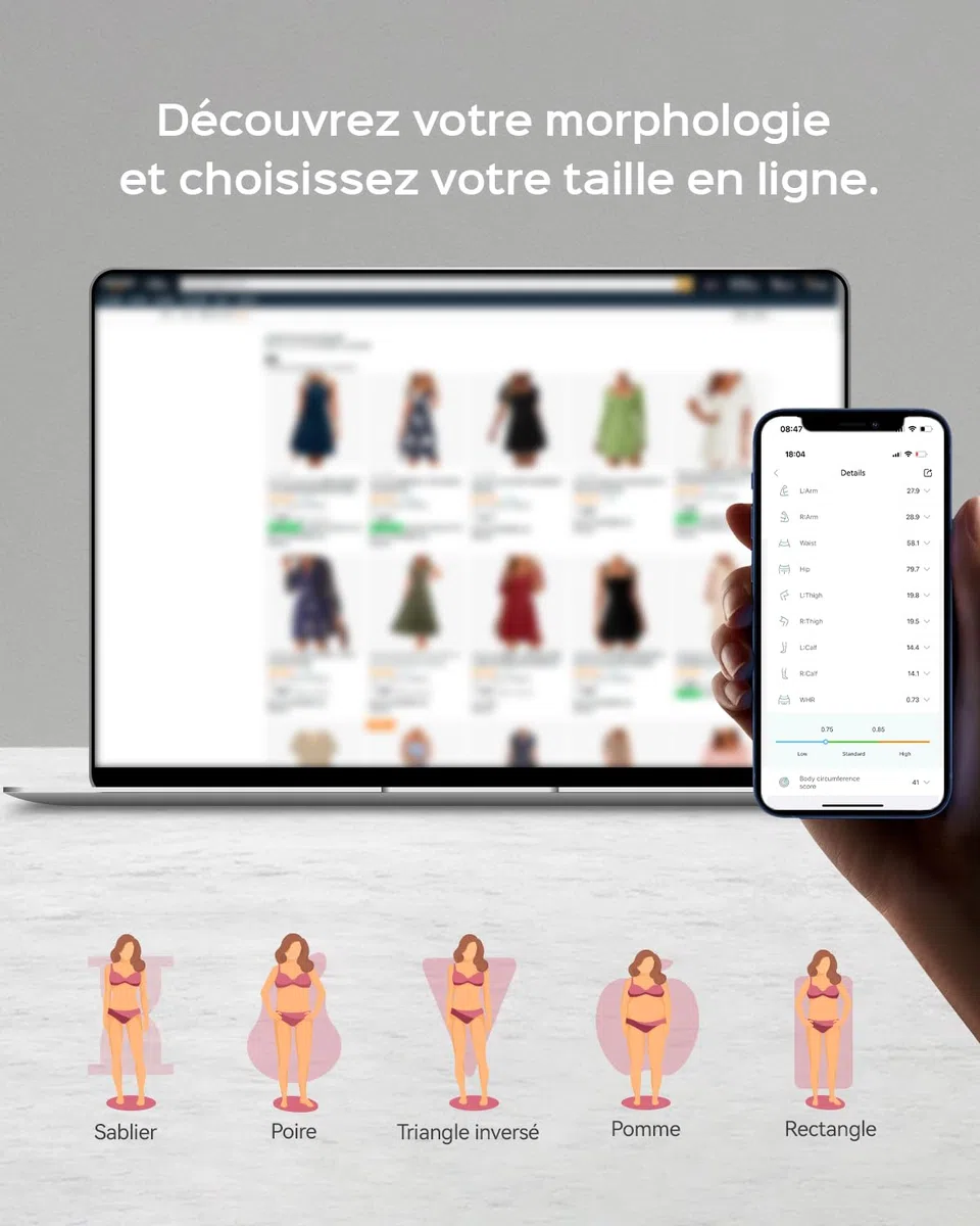 Mètre Ruban Corps Rétractable | Connecté avec Application pour Mesure du Corps, Suivi Fitness et Perte de Poids, Rechargeable, 60 Pouces/150 cm
