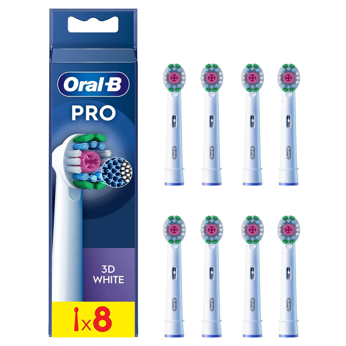 Oral-B Brossettes de Rechange 3D White, lot de 8, Blanches – Recharges Brosse à Dents Électrique Pro, Blanchiment avec une Coupelle de Polissage