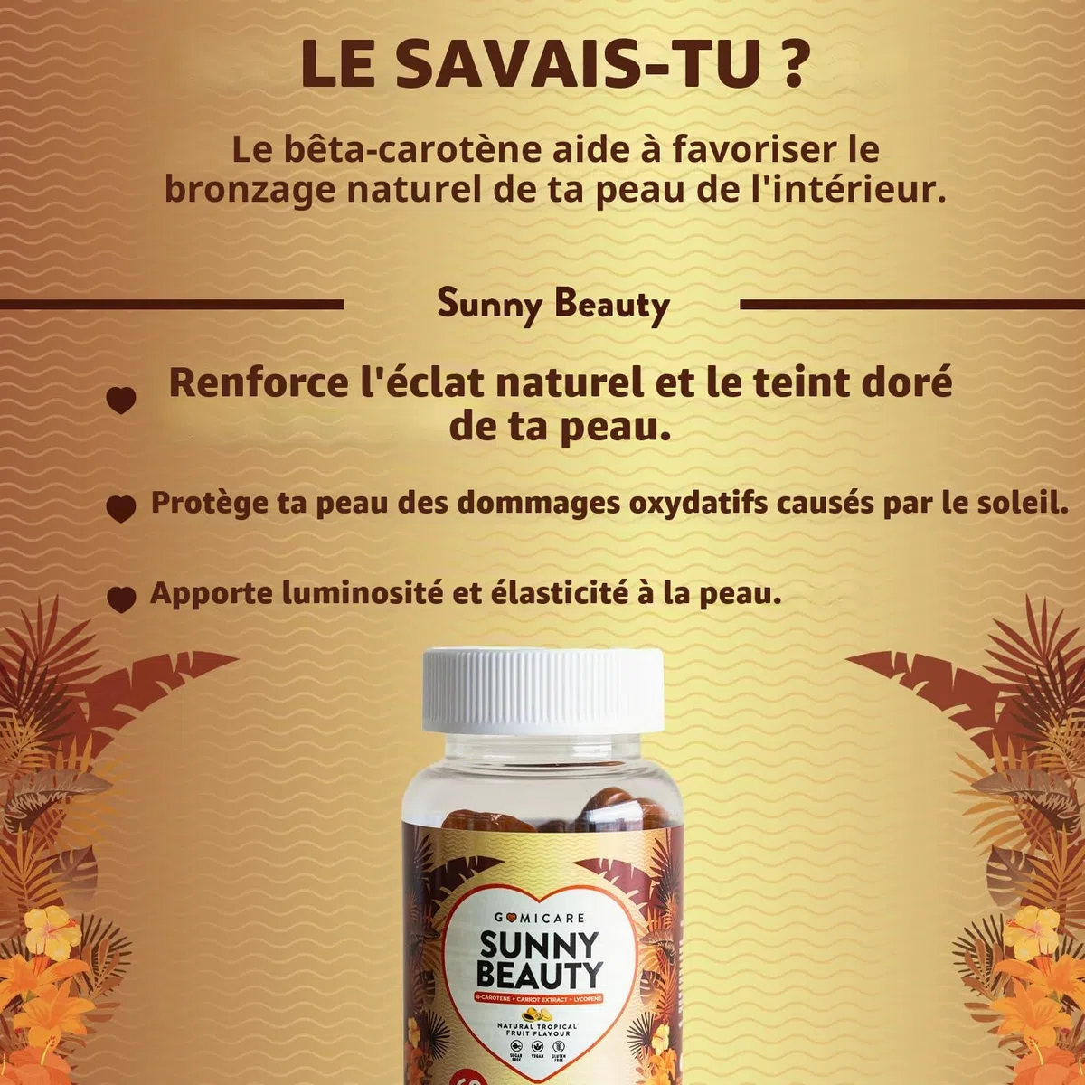 Gummies Solaire Autobronzant au Beta Carotene, Astaxanthine, Luteine, Lycopene et Cuivre – Gummies (Bonbons) Bronzage pour une Peau Dorée et Protegee – 60 unités – Sans Sucre – Sans Gluten