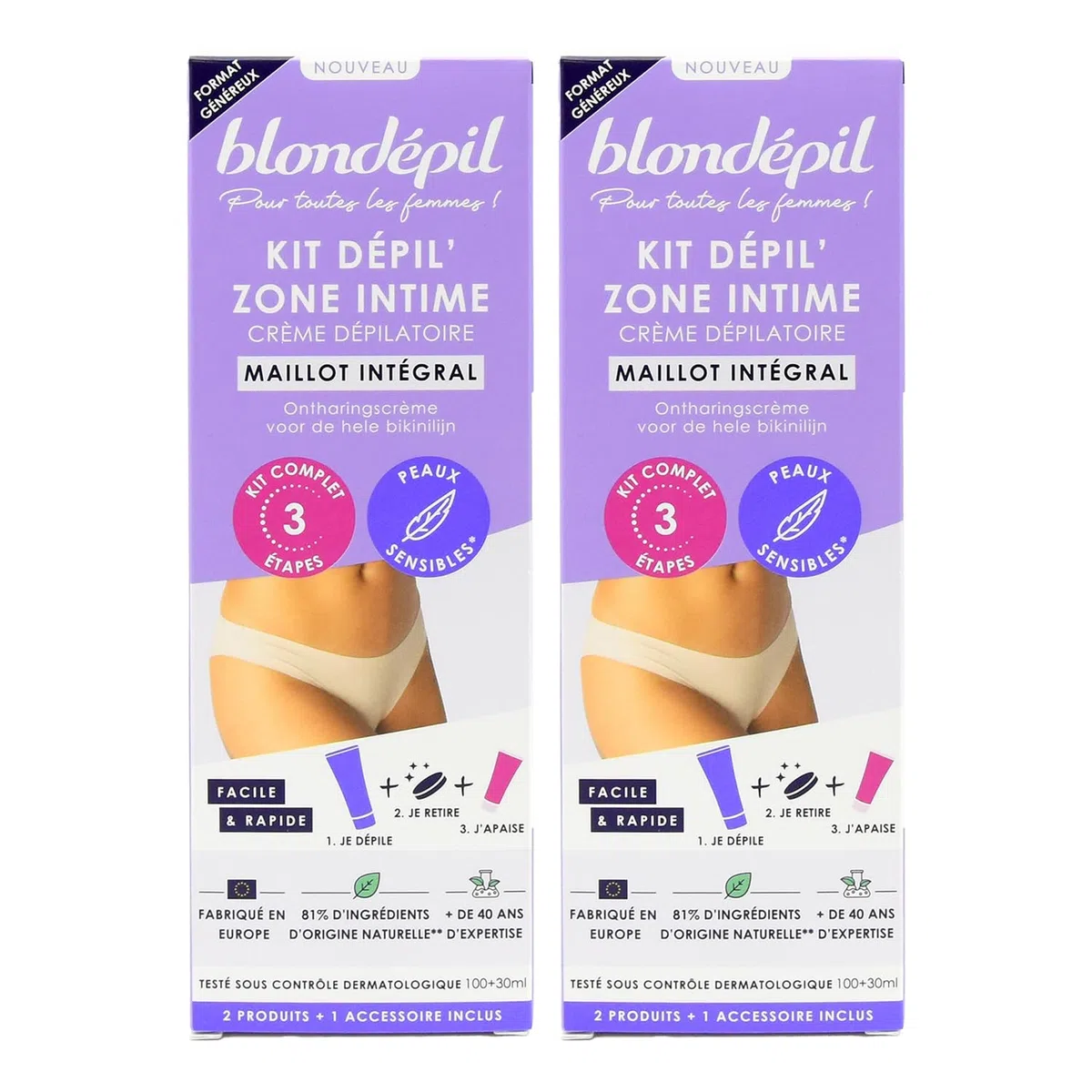 Blondépil - Lot de 2 Creme epilatoire femme partie intime. Creme depilatoire femme zones intimes. Peaux sensibles. 81% d’ingrédients d’origine naturelle. Made in Europe. 2x 25ml