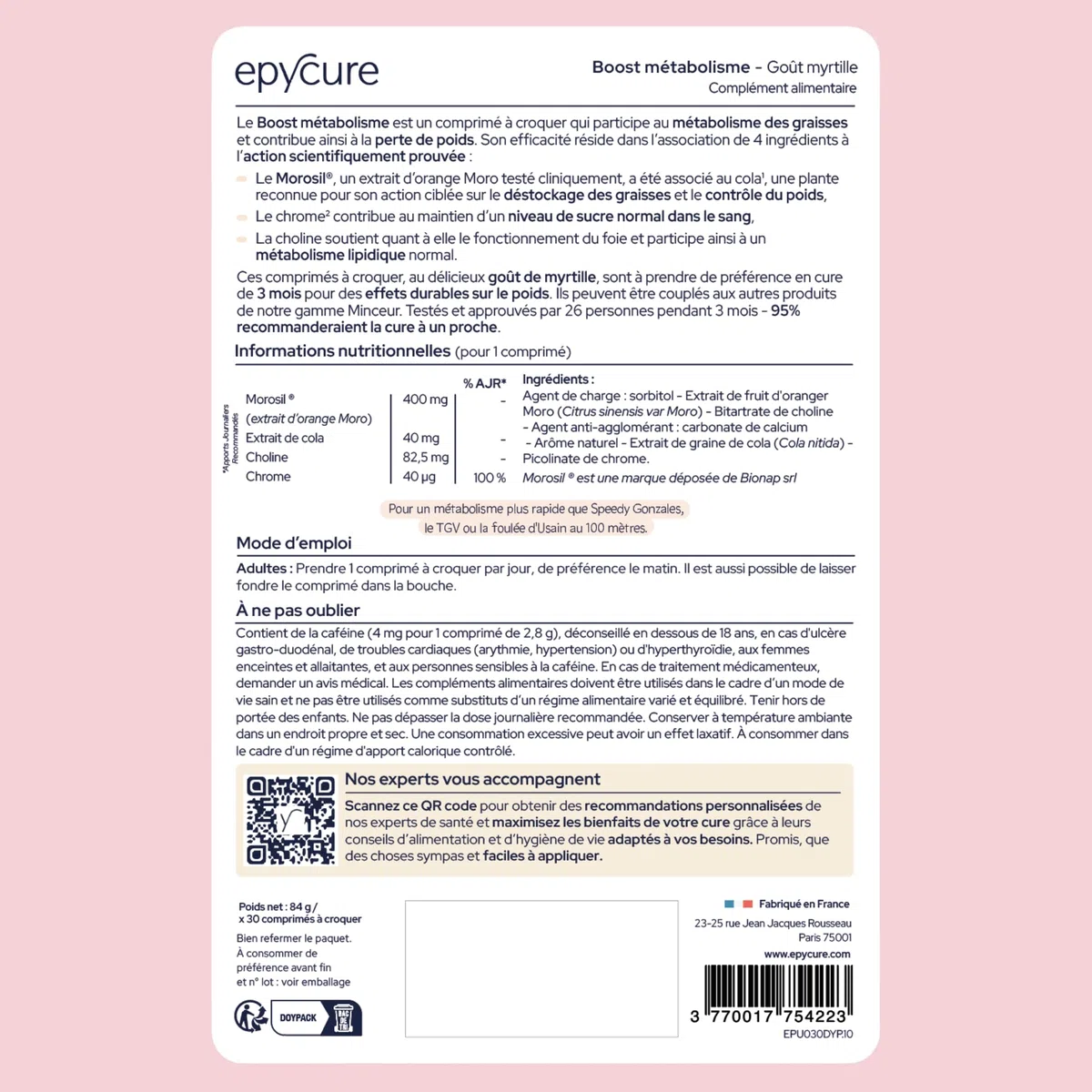 EPYCURE - Boost Méta Morosil 400mg Hautement Dosé - 87% Naturel - Équilibre Énergétique - Orange Moro, Cola, Chrome, Choline - Goût Myrtille - 1 Mois - Vegan