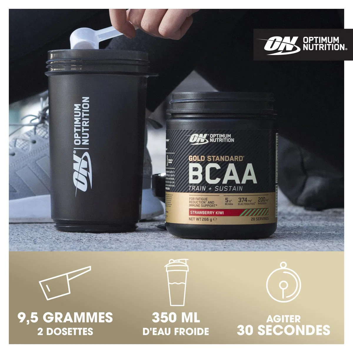 Optimum Nutrition Gold Standard BCAA Train + Sustain, poudre d'acides aminés pré-entraînement, boisson sportive, vitamine C, zinc, magnésium et électrolytes, saveur fraise & kiwi, 28 doses, 266 g
