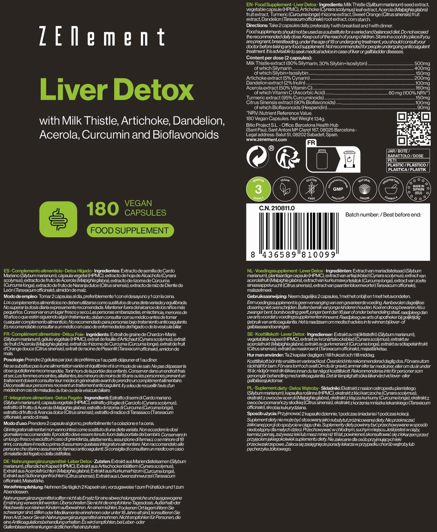 Chardon-Marie, Artichaut, Curcuma, Pissenlit et Bioflavonoïdes - Complément Alimentaire Detox Foie avec Vitamine C Naturelle qui Contribue à la Protection Cellulaire - 180 Gélules Véganes – Zenement