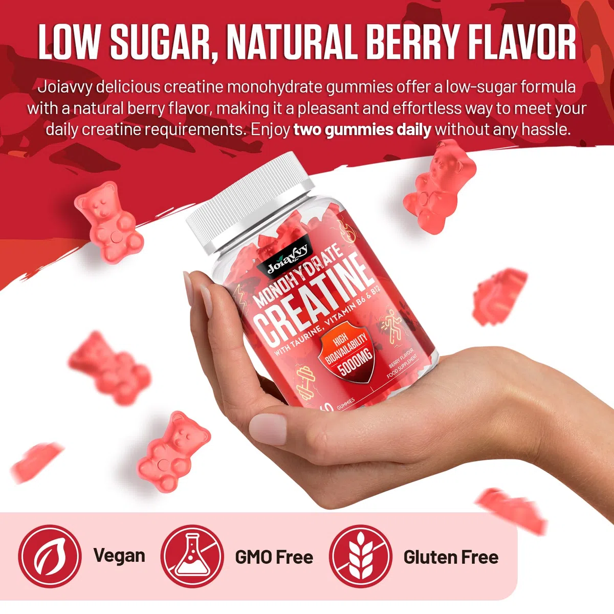 Joiavvy Créatine Monohydrate 5000 mg par Portion, Gummies pour Hommes et Femmes, avec Taurine, Vitamines B6 et B12, Végan, Goût Fruits Rouges