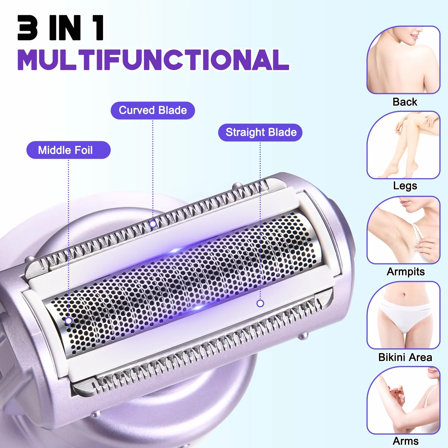 Hatteker Rasoir Electrique Femme Tondeuse Femme Intime Bikini Affichage LED étanche IPX7 3 en 1（violet）