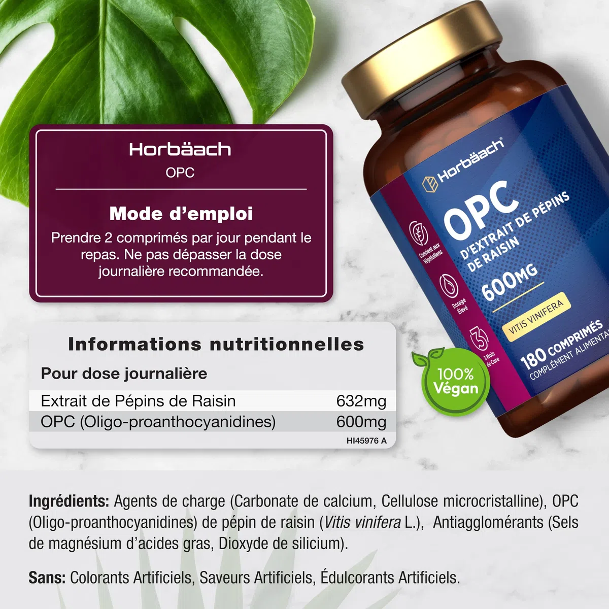 OPC Extrait de Pépins de Raisin | 180 Gélules Vegan | 95% OPC Raisin | Vitis Vinifera L. | Proanthocyanidines Oligomére Fortement Dosé | Grapeseed Extract | par Horbaach