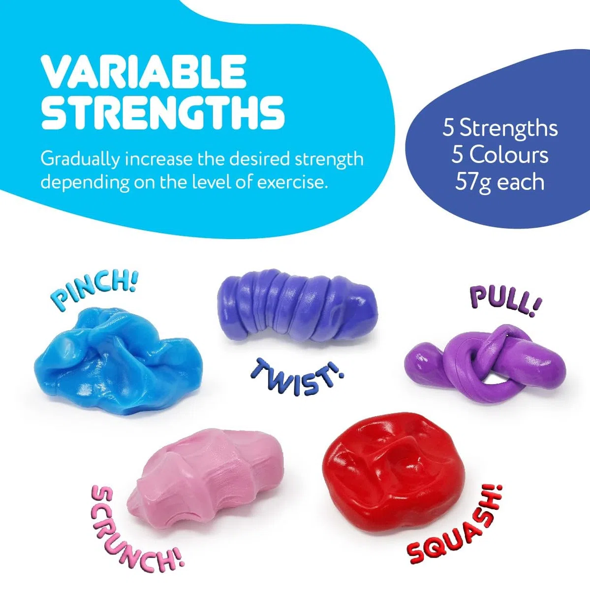 Lot de 5 pâtes thérapeutiques pour exercices de la main, 5 résistances et couleurs différentes – extra souple, souple, moyenne, ferme, extra ferme, pots de 57 g