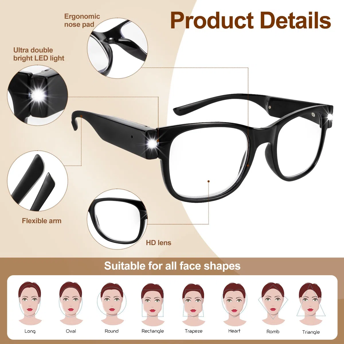 Lunettes de Lecture LED Rechargeables par USB Lunettes Éclairées Intelligentes pour Hommes Femmes