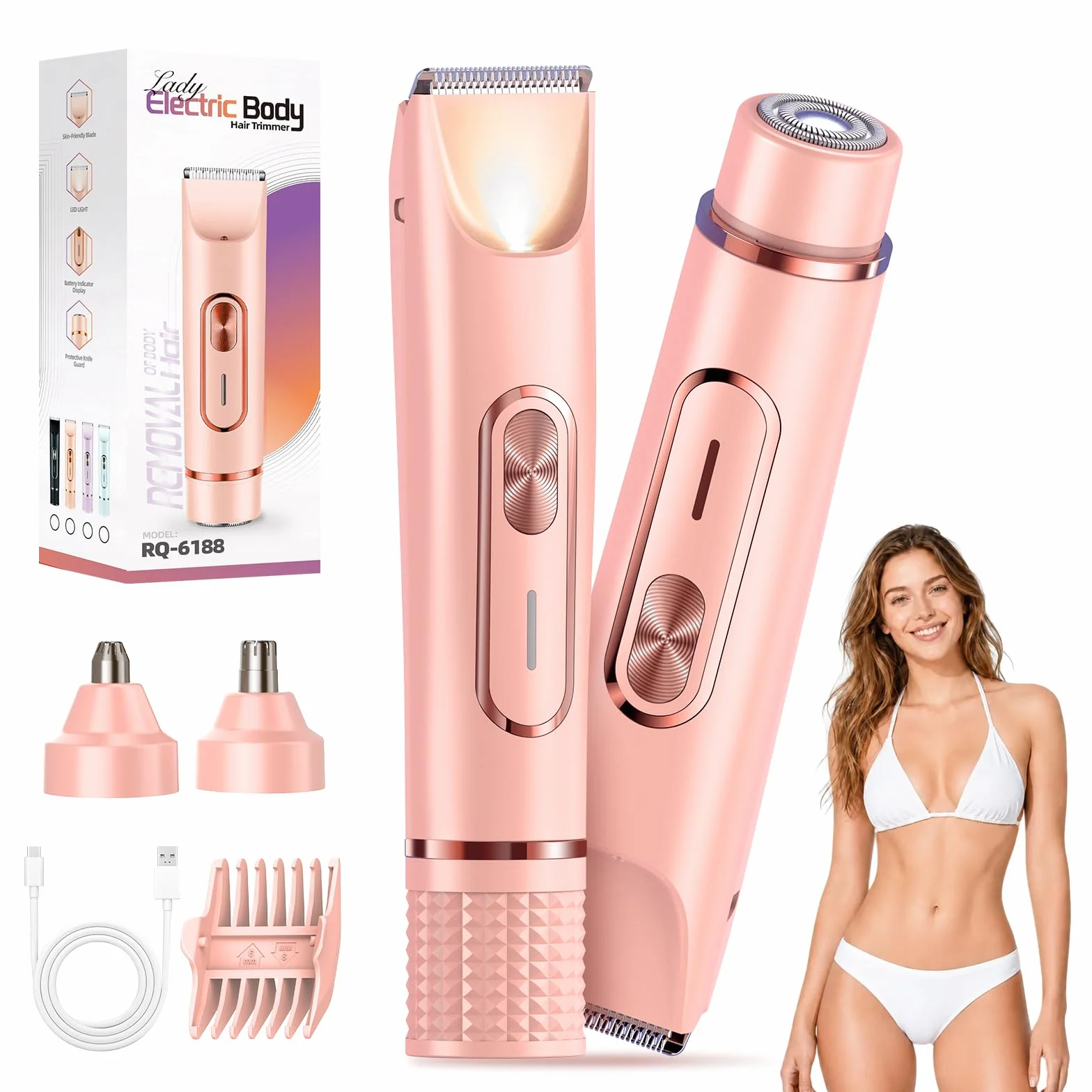 JTF Rasoir Electrique Femme 4 en 1,Double Tête Epilateur Bikini pour Femme,Tondeuse Femme pour Zone Intime Visage Sourcil Nez Aisselles & Corps – Rechargeable, IPX7 Étanche (Rose)