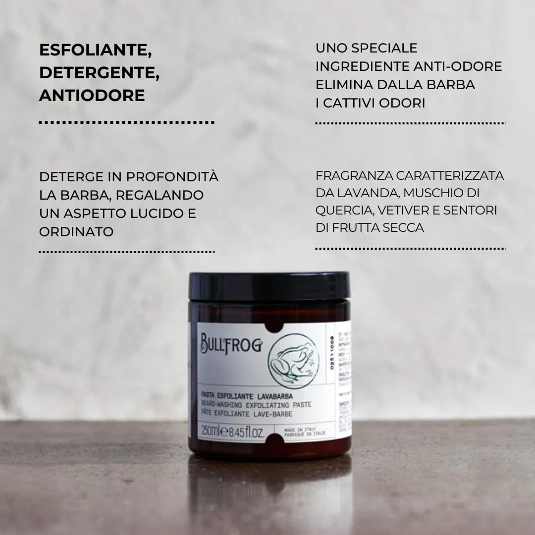 Bullfrog New Pâte Exfoliante Lavage de Barbe 250ml - Nettoyant Exfoliant aux Granules de Sucre, Anti-Odeurs, Parfum Lavande et Vétiver, Action Délicate et Naturelle, Fabriqué en Italie