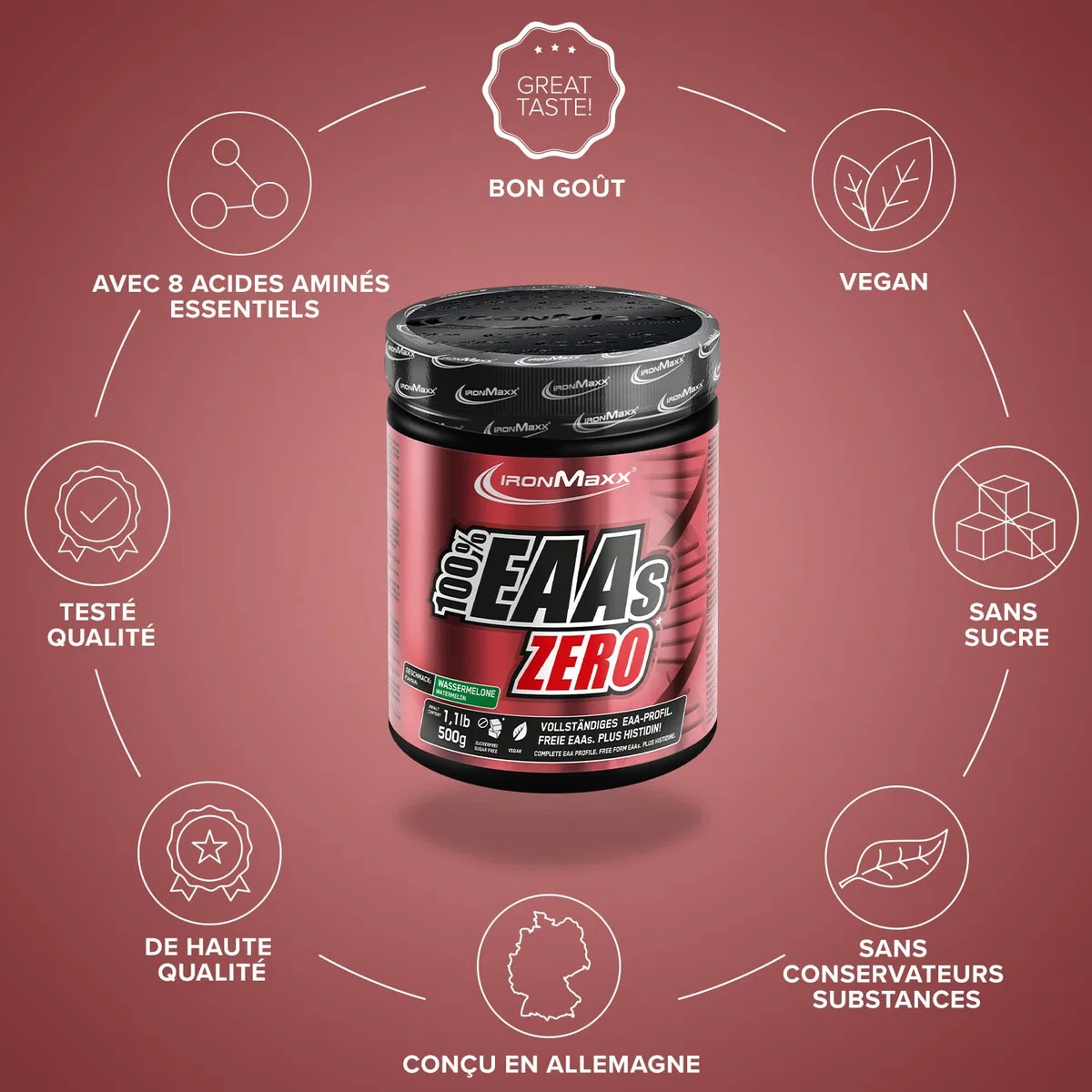 IronMaxx – EAAs Zero en Poudre – Pastèque 500 g – EAA Zéro Sans Sucre, Complément EAA pour Sport & Nutrition