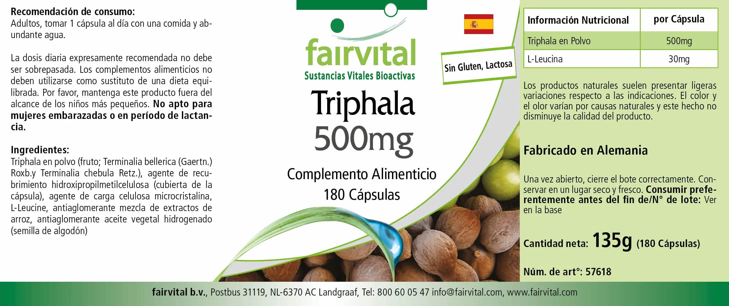fairvital Triphala 500mg, 180 gélules végétaliennes, mélange ayurvédique à trois fruits, Amalaki, Haritaki, Bibhitaki, qualité contrôlée et hautement dosé, fabriqué en Allemagne