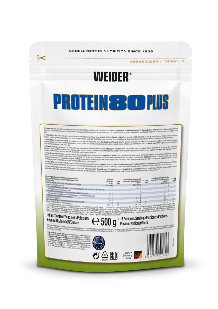 Weider - Protein 80 Plus - Poudre de Protéine à 4 Composants - Teneur Élevée en Protéines avec 80% de Protéines - Shakes Crémeux avec Calcium & Vitamine B6-500g - Pistache