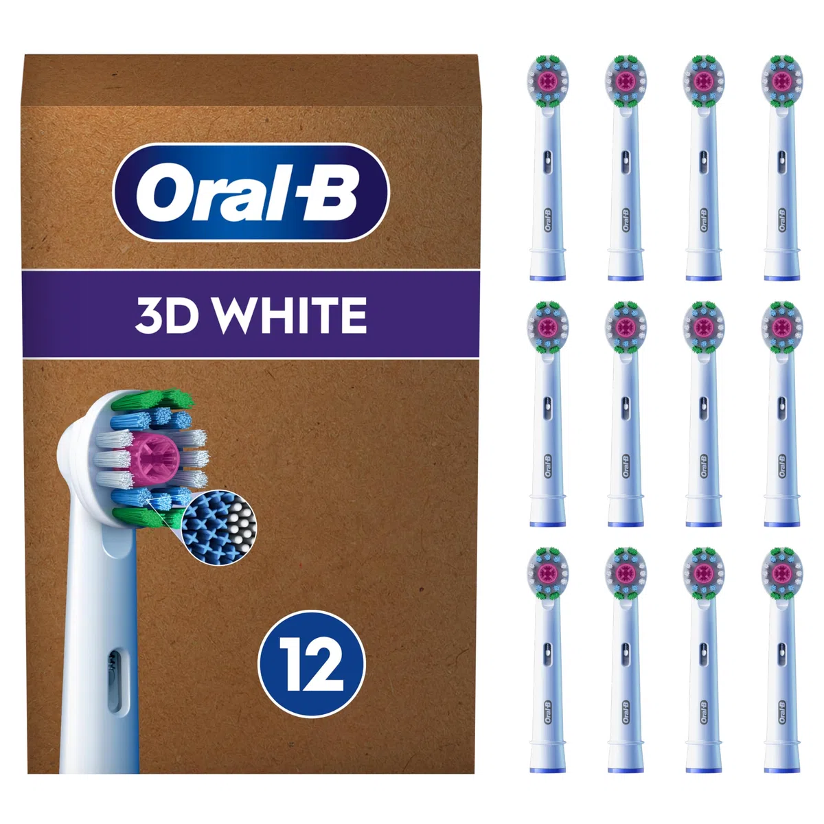 Oral-B Brossettes de Rechange 3D White, lot de 12, Blanches – Recharges Brosse à Dents Électrique Pro, Blanchiment avec une Coupelle de Polissage, Emballage en Carton
