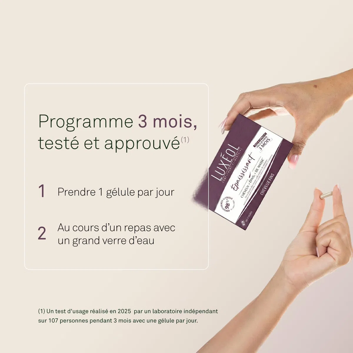 LUXEOL - Complément Alimentaire Epaississant - Cheveux + Epais* - À Base de plantes, peptides de collagène, MSM, acides aminés, Vitamines & Minéraux - Fabriqué en France - 90 gélules (= 90 jours)
