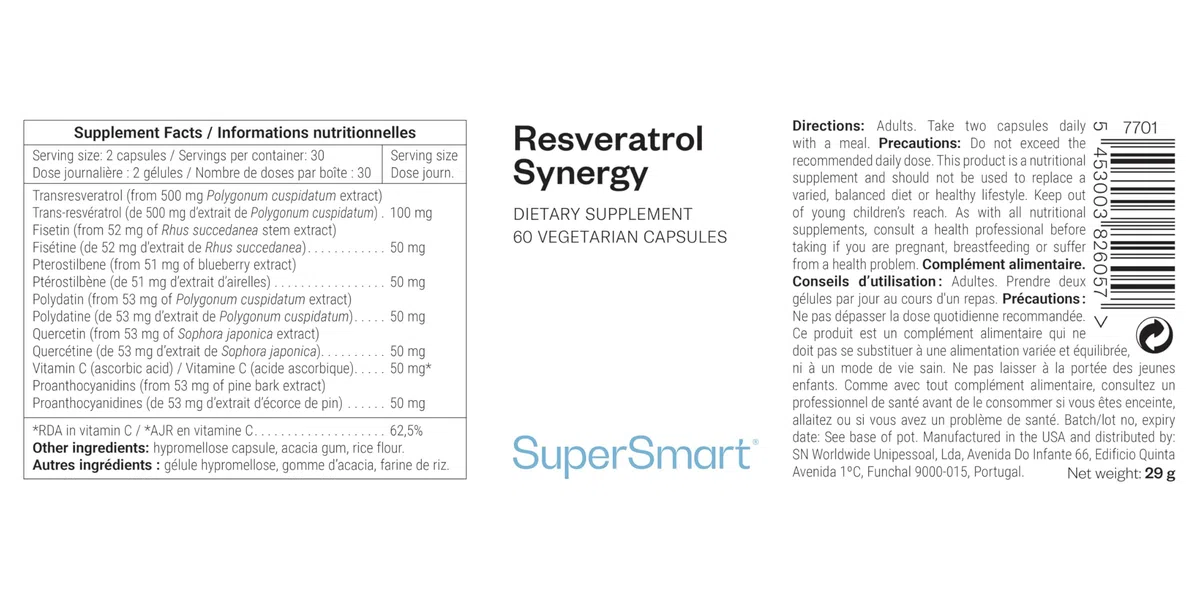 Resveratrol Synergy - Puissants Antioxydants Naturels (Fisétine, Ptérostilbène, Quercétine, Polydatine, Proanthocyanidines) - Aide à Combattre le Stress Oxydatif - Vegan - Sans Gluten - SuperSmart
