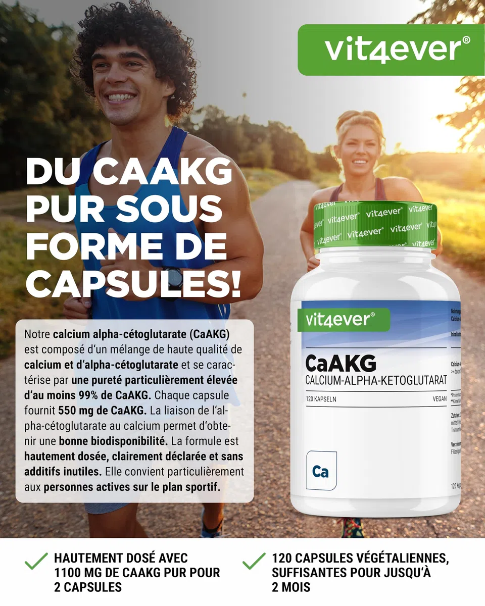 CaAKG - Calcium Alpha-Cétoglutarate - 120 Gélules - Hautement Dosé à 1100 mg par Dose Journalière - Calcium Pur & Alpha-Cétoglutarate Sans Additifs Inutiles, Vegan