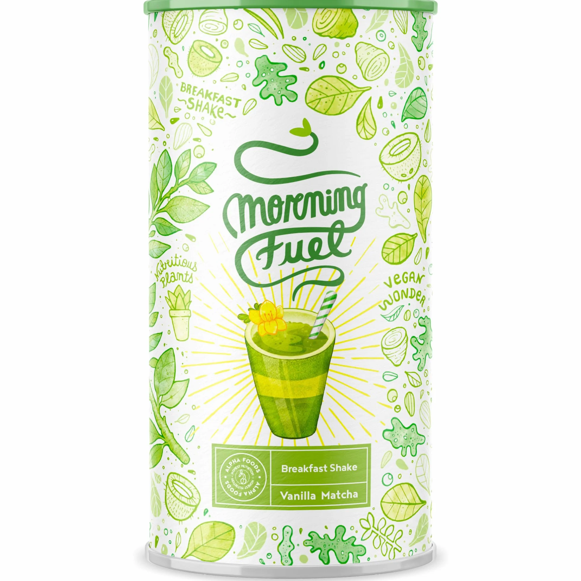 Morning Fuel | Mélange Vanille et Matcha pour le petit-déjeuner | Proteine vegetale de pois germés, quinoa, avoine, algues, alfalfa, épinards, maca, spiruline | vit. B6 + B12 | 600gr | Alpha Foods