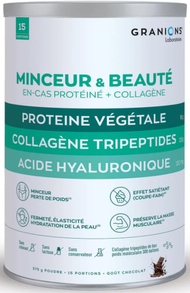 GRANIONS Collagene Marin Proteine Vegetale - Minceur & Beauté - Collagene Marin, Acide hyaluronique, Zinc, Vitamine C, Vitamine B12 - Coupe faim + Brule Graisse + Perte de poids -Goût chocolat, 375g