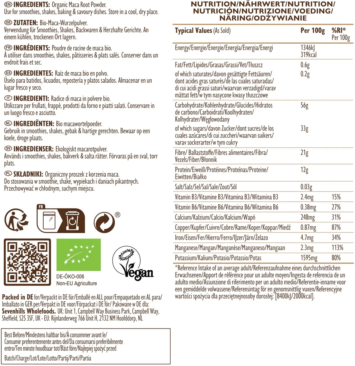 Sevenhills Wholefoods Poudre de maca biologique 1kg du Pérou, poudre de racine de maca pure, végétalienne, sans gluten, sans OGM, casher
