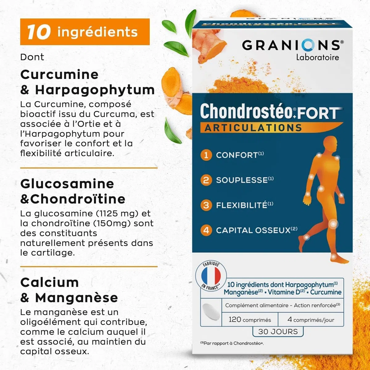 GRANIONS CHONDROSTEO+ FORT Articulations - Formule Renforcée - Curcuma - Mobilité & Souplesse Articulaire, Flexibilité, Capital Osseux - Glucosamine, Chondroïtine, MSM, Curcuma - 120 comprimés
