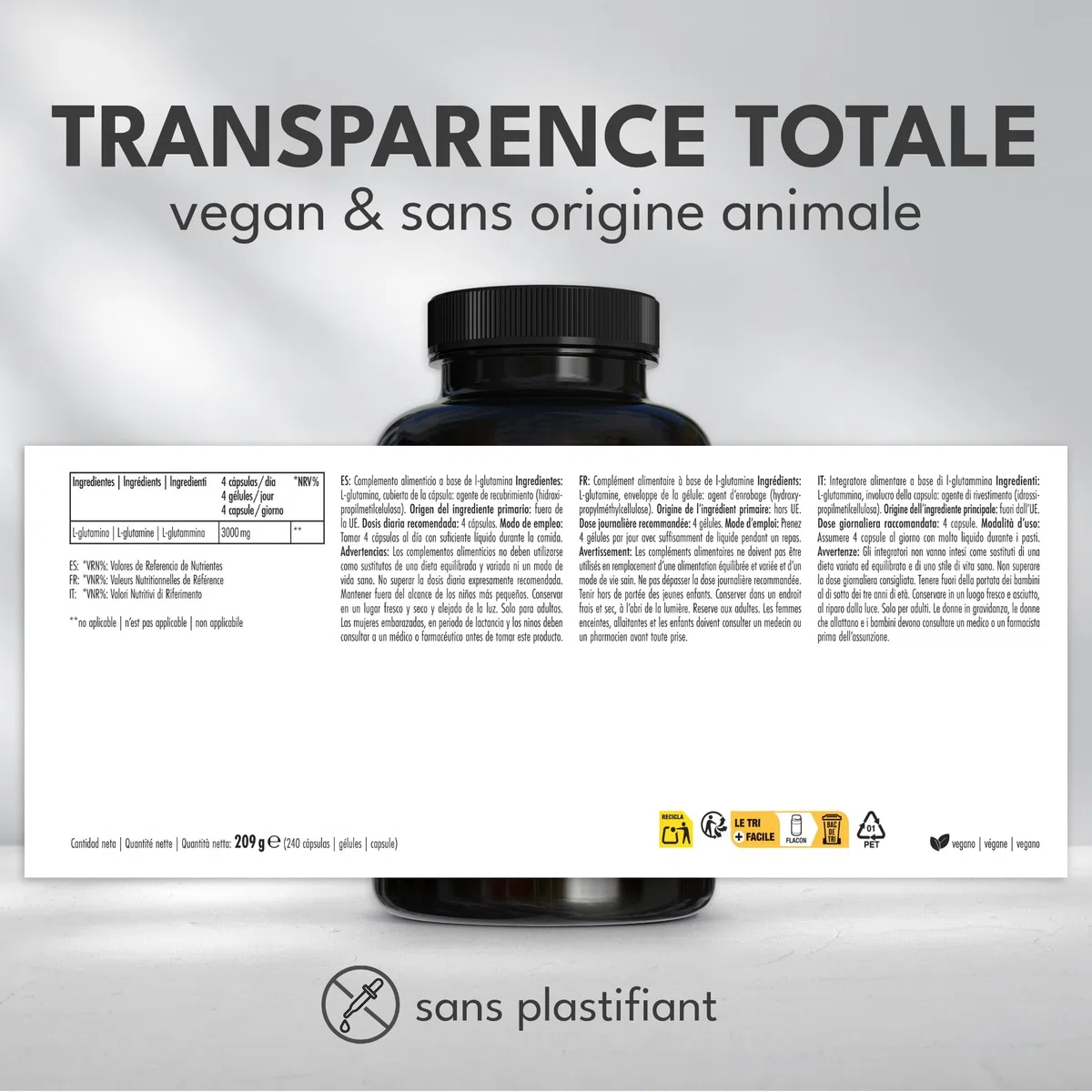 Green Naturals L-Glutamine 3 000 mg par jour – 240 gélules | Forme libre issue de fermentation · Vegan · Sans additifs · Cure de 2 mois