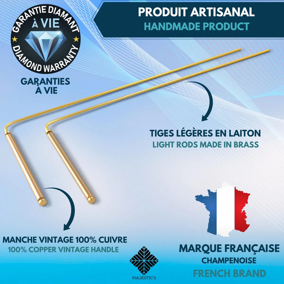Majestic's Baguettes de Sourcier Professionnelles Manches 100% Cuivre & Pendule Divinatoire Egyptien THOT de Radiesthésie - Baguette de Sourcier x2 - [Garantie à Vie]