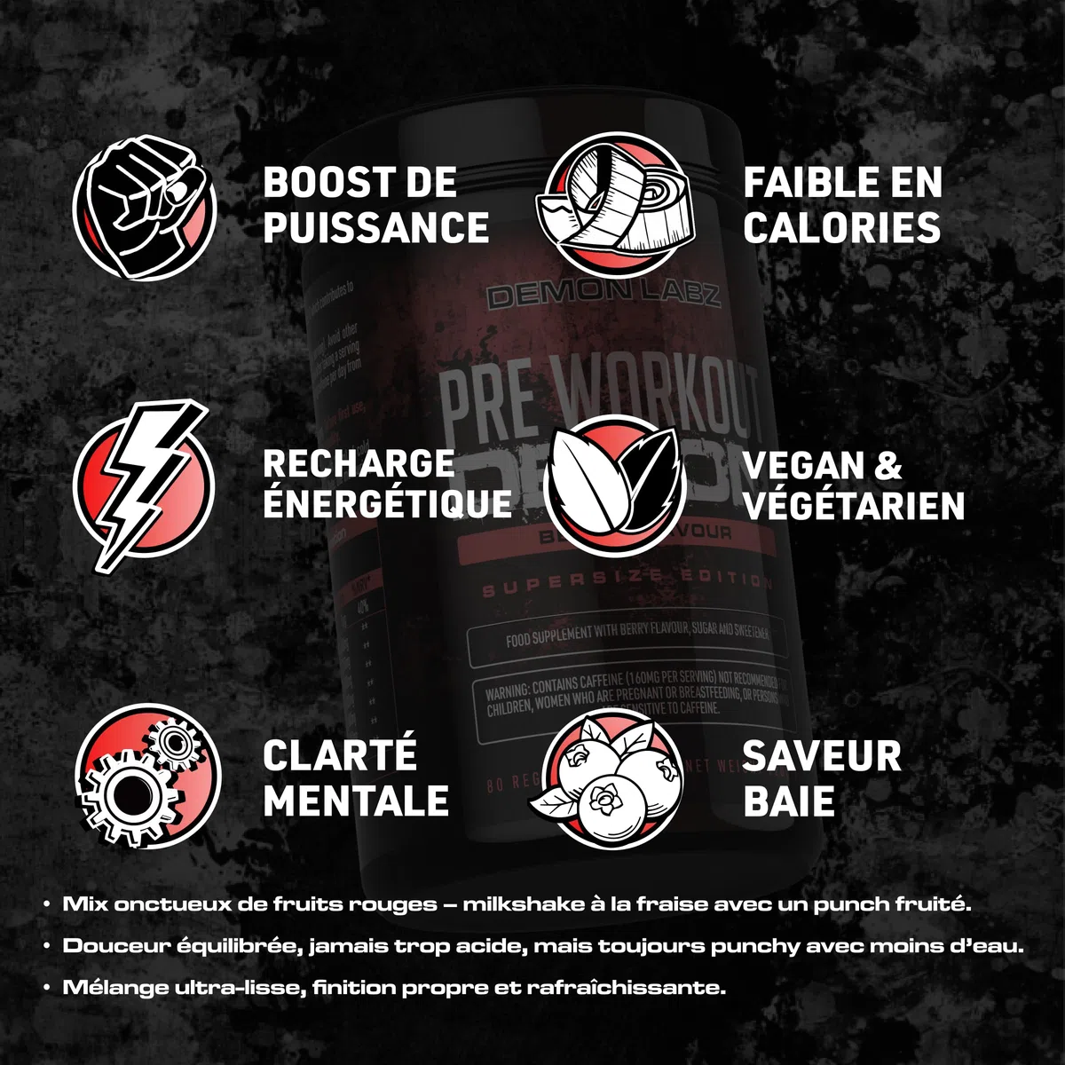Pre Workout Demon - Pré-Entraînement Créatine (Fruits Rouges, 720g) | Booster pré-entraînement en poudre avec 160mg de caféine par dose, créatine, bêta-alanine, citrulline, glutamine et taurine
